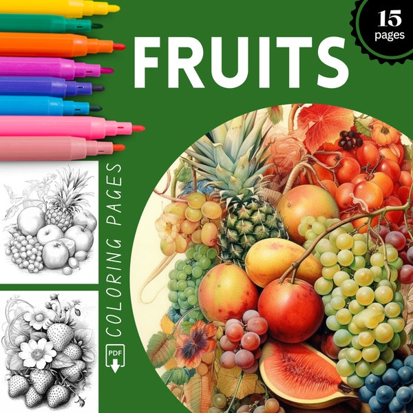 Delicious Fruits Coloring Pages, Fruit Coloring Book for Adults, Food Coloring, Tropical Fruits, Download Coloring Page, Printable PDF