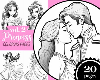 Charming Prince & Princesses Coloring Pages, Fairytale Princess Coloring Book for Kids, Cute Princess,Download Coloring Page, Printable PDF