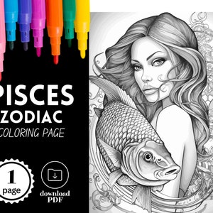 PISCES Zodiac Coloring Page, Astrology Horoscope Coloring for Adults, Download Grayscale Coloring Page,Printable PDF,Woman Portrait,Gift