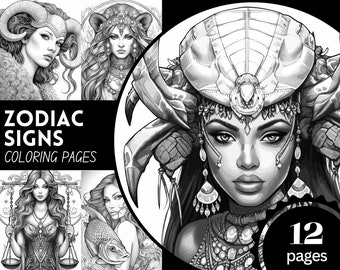 12 Pages of Women of the Zodiac Coloring Book, Astrology Horoscope Coloring Book for Adults, Download Grayscale Coloring Page, Printable PDF