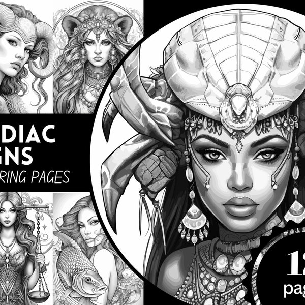 12 Pages of Women of the Zodiac Coloring Book, Astrology Horoscope Coloring Book for Adults, Download Grayscale Coloring Page, Printable PDF