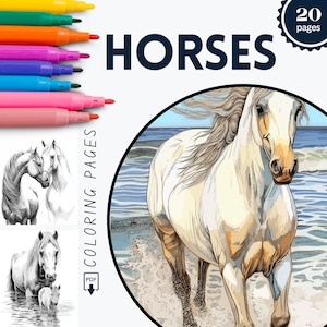 Beautiful Horses Coloring Pages for Adults, Coloring Book for Adults, Ponies, Download Coloring Page, Printable PDF, Animals Coloring