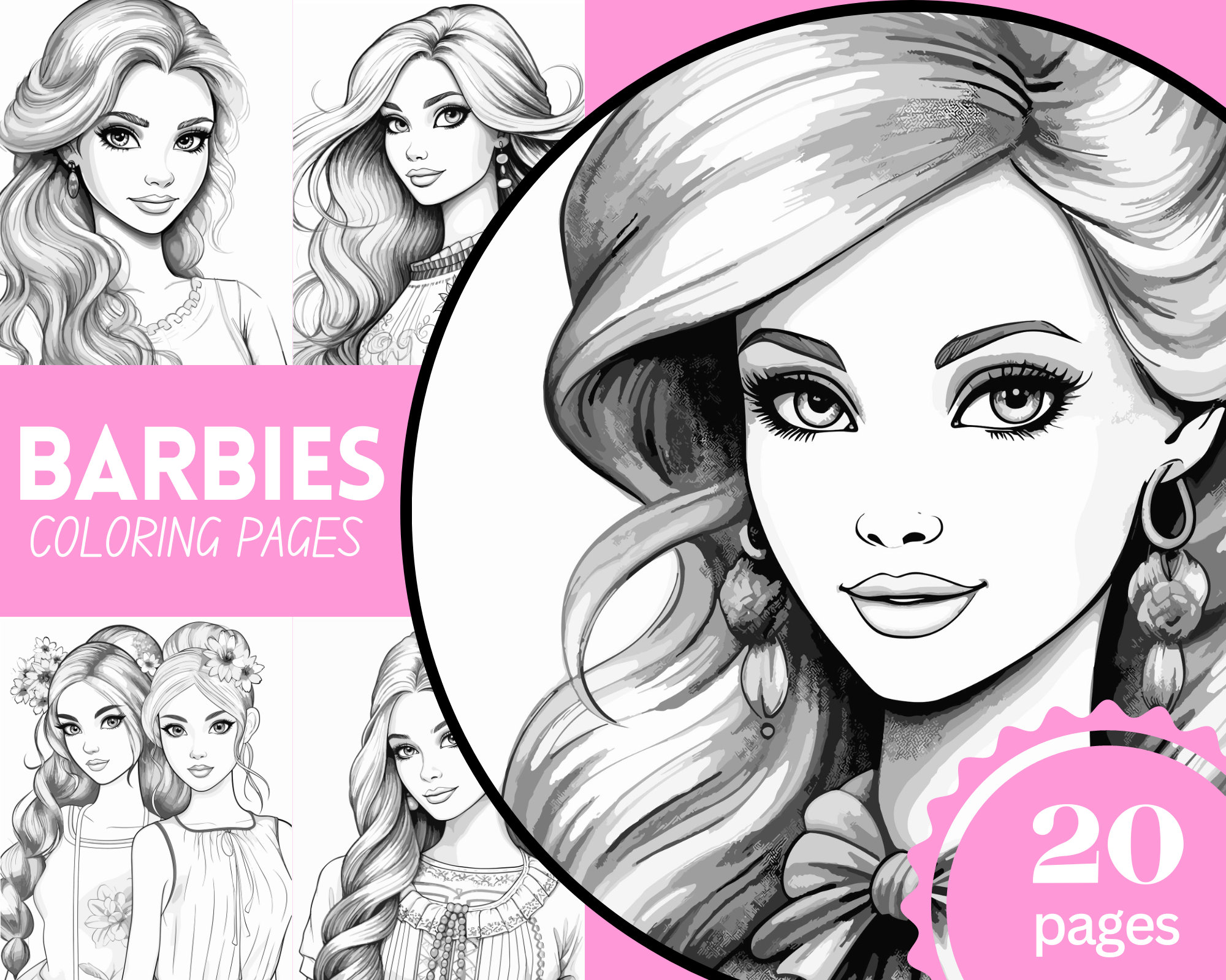 Pretty Barbie Styled Girls Coloring Pages, Princess Coloring Book for Kids and Adults, Download Grayscale Coloring Page, Printable PDF