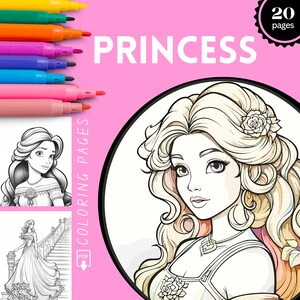 Charming Princesses Coloring Pages, Fairytale Princess Coloring Book for Kids, Cute Princess,Download Grayscale Coloring Page, Printable PDF