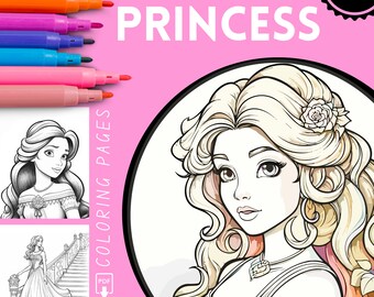 Charming Princesses Coloring Pages, Fairytale Princess Coloring Book for Kids, Cute Princess,Download Grayscale Coloring Page, Printable PDF