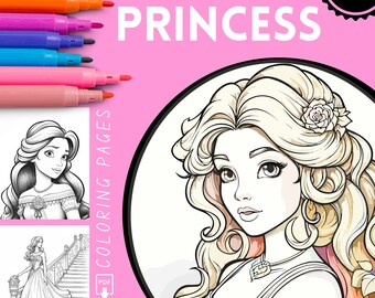 Zauberhafte Prinzessinnen Malvorlagen, Märchen Prinzessin Malbuch für Kinder, Niedliche Prinzessin, Herunterladen Graustufen Malseite, Printable PDF