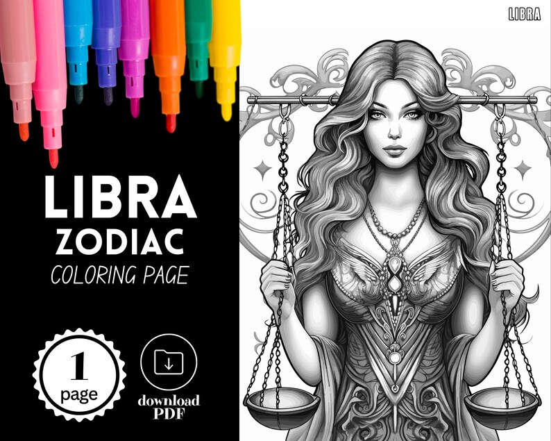 LIBRA Zodiac Coloring Page, Astrology Horoscope Coloring for Adults, Download Grayscale Coloring ...