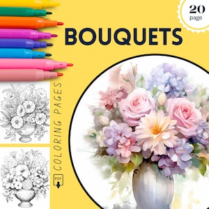 Flower Bouquets Coloring Pages, Floral Coloring Book for Adults, Beautiful Flower Coloring, Nature, Download Coloring Page,Printable PDF