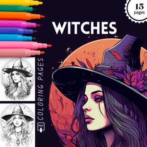 Beautiful Witches Portrait Coloring Pages, Halloween Women Coloring Book for Adults, Magical Halloween Coloring, Download Coloring Page PDF