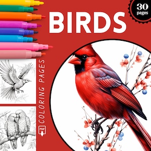 Realistic Birds Coloring Pages, Birds Coloring Book for Adults, Bird Watcher, Download Grayscale Coloring Page, Printable PDF