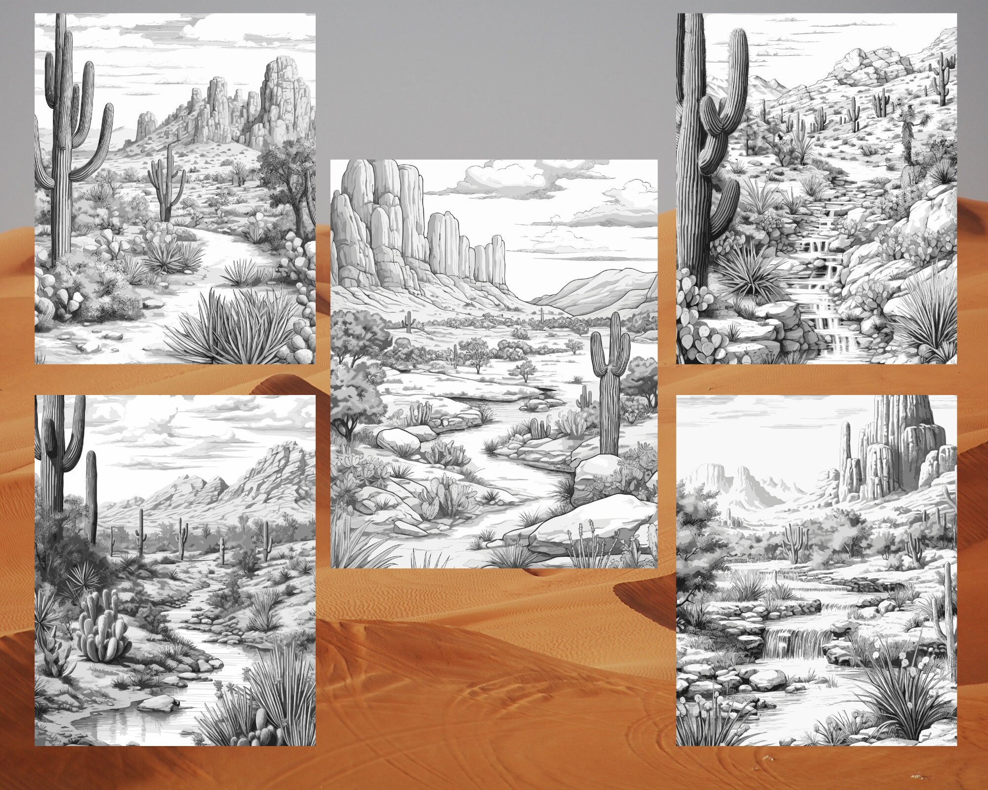 Desert Landscapes Coloring Pages, Desert Land Coloring Book for Adults ...