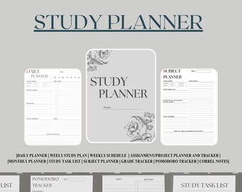 Könnte beinhalten: Eine Sammlung von Studienplaner-Vorlagen in minimalistischem Design. Die Vorlagen umfassen Tages-, Wochen- und Monatsplaner sowie Fach- und Noten-Tracker. Der Text "STUDY PLANNER" ist prominent dargestellt.