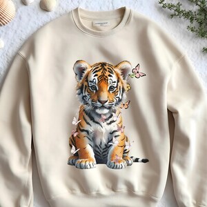 CuteTiger & Butterflies Sweatshirt, Cozy Unisex Sweatshirt, Animal Lover Gift, Nature Apparel, Gift for Her/Him Fashion Trendy Wear Baby