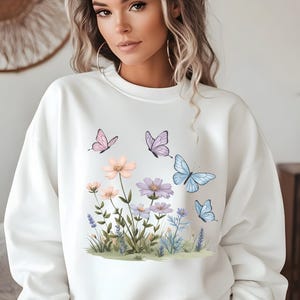 Butterfly Bloom Crewneck Sweatshirt - Cozy Floral Sweatshirt, Perfect Gift for Nature Lovers, Spring Fashion, Casual Wear, Woman's  Gift
