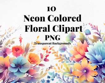 Watercolor style neon colored floral clipart, High-quality neon floral clipart collection, Transparent PNG files with floral designs, PNG