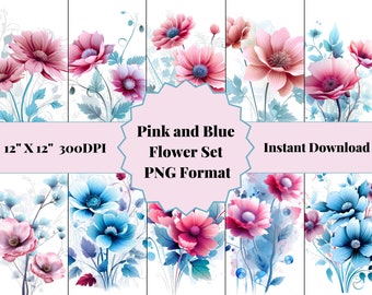 Pink and Blue Flower Clipart, Floral Clipart, High Quality PNG, Transparent Backgrounds, Digital Crafts