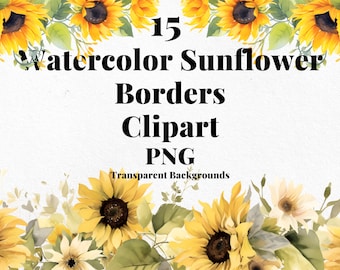 15 Watercolor Sunflower Clipart Borders, Flower Clipart, Commercial Use, PNG, Transparent Clipart, Floral Clipart, Invitation Clipart