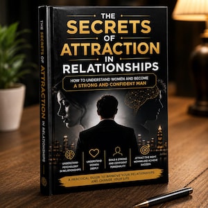 Peut inclure: Livre intitulé "Les Secrets de l'Attraction dans les Relations" avec une couverture noire et des lettres dorées. La couverture présente une silhouette d'homme et deux femmes, avec le texte "Comment comprendre les femmes et devenir un homme fort et confiant."