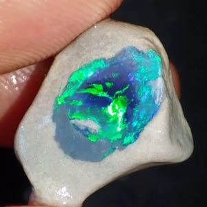 May include: A rough opal gemstone with a vibrant display of colour. The opal features flashes of blue, green, and teal within a light grey matrix. The stone is held between fingers against a dark background.