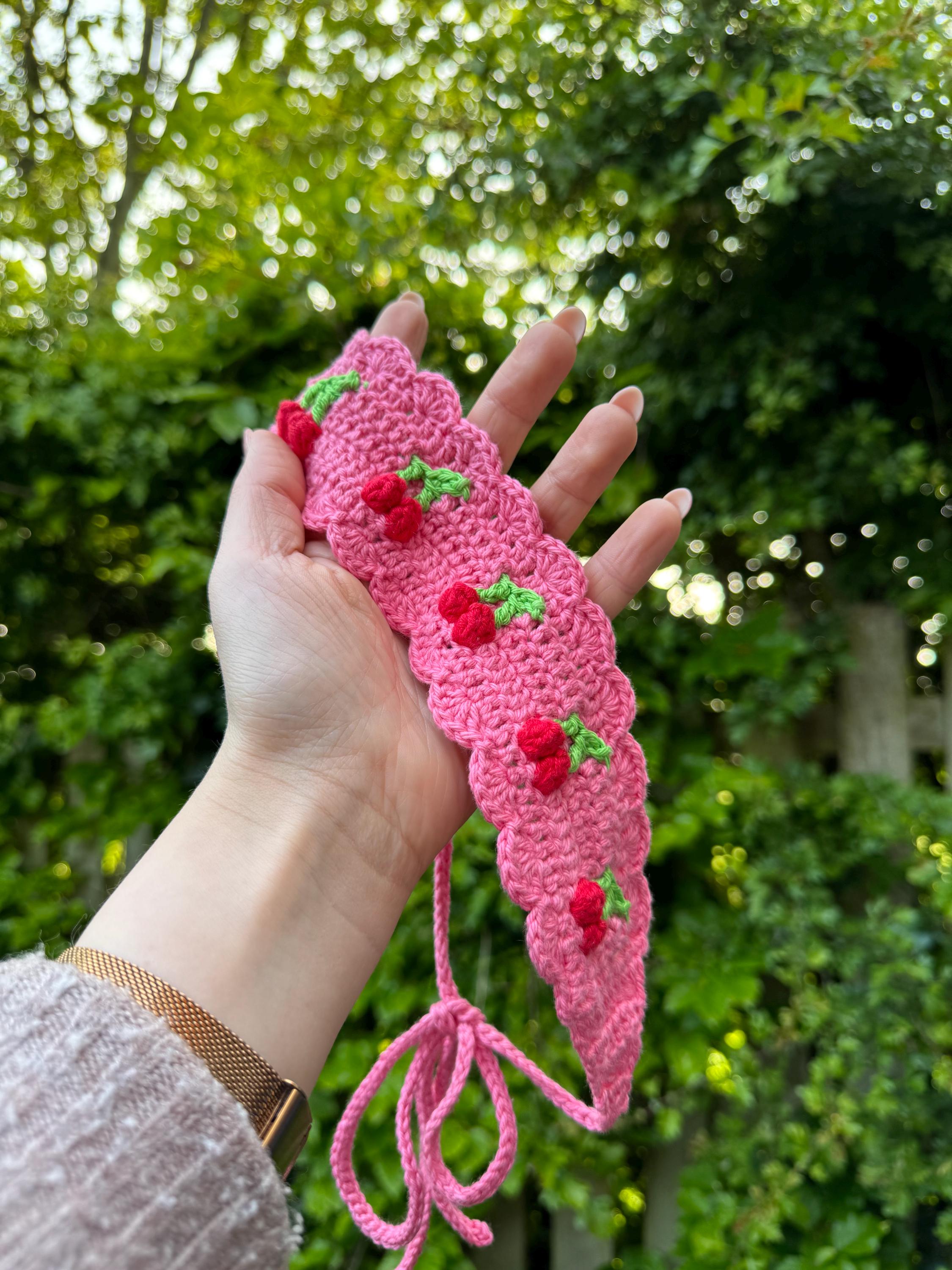 Cream Crochet Hair Scarf with Red Cherry Embroidery Cherry Bandana Crochet Pattern - Etsy main image 3
