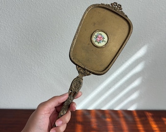 RARE Antique brass hand mirror