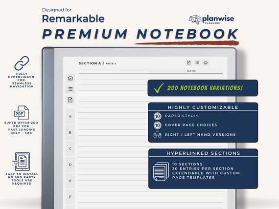 Remarkable 2 Notebook, Hyperlinked PDF Template, 10 Sections (Digital Download)