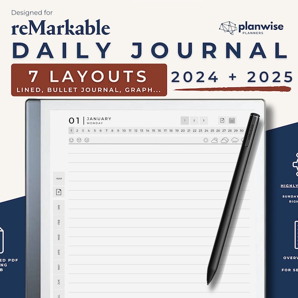 Remarkable 2 Journal Template 2024 2025 Daily Journal, Tagebuch, Lined, Bullet Journal Vorlagen für Remarkable 2