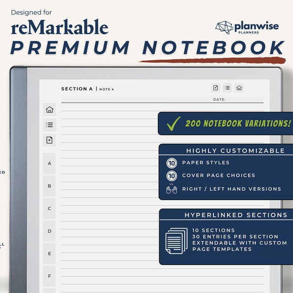 reMarkable 2 Notebook Template, reMarkable 2 templates, Digital Notebook PDF with 10 sections, 10 Covers, 10 Page Options