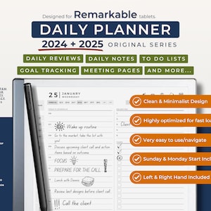 Daily Planner 2024 + 2025 for Remarkable 2, Templates for Remarkable, Daily Planner Template, Calendar for Remarkable