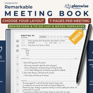 Meeting Template for Remarkable 2, Templates for Remarkable, Meeting Notes, Meeting Minutes, Meeting Agenda, Tasks, Action Items