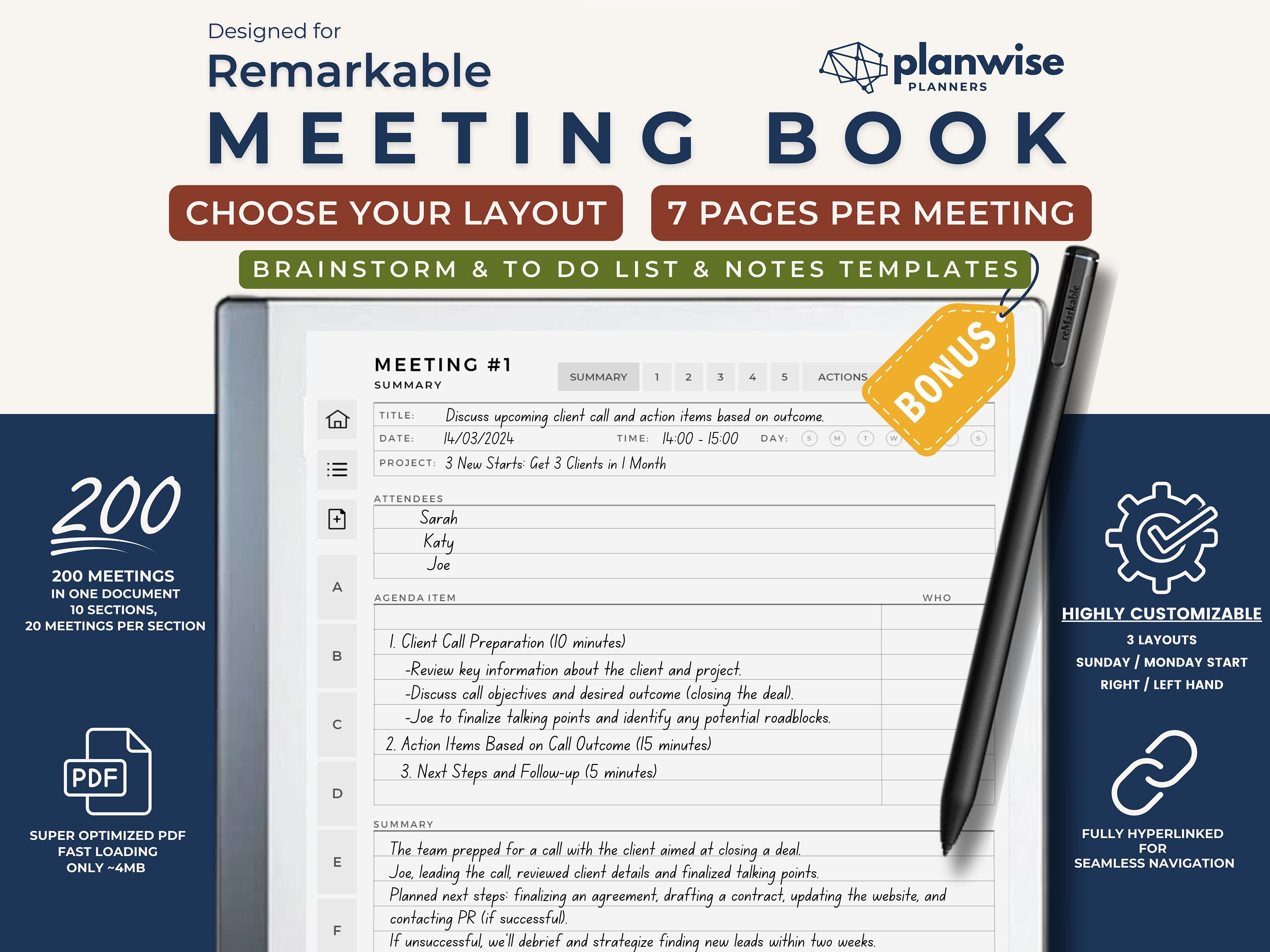 Remarkable 2 Meeting Template, Hyperlinked Meeting Notes (digital ...