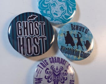 4-pack Haunted Mansion pinback buttons, lanyards, backpacks, pouches, shirts, gifts for fans