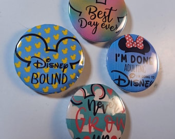 4-pack theme park pinback buttons, lanyards, backpacks, pouches, shirts, gifts for fans