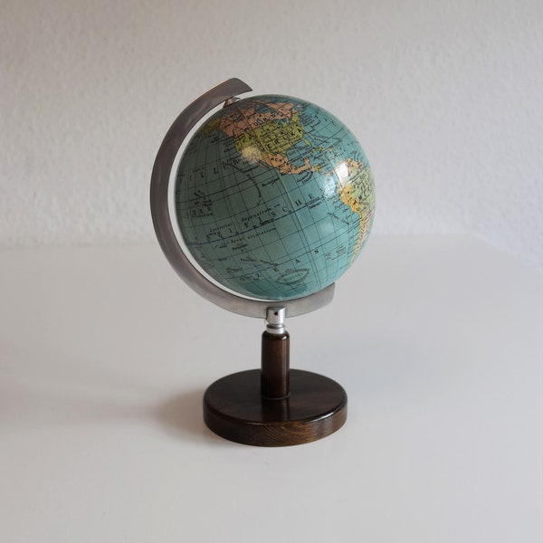 Magnifique ancien petit globe terrestre Columbus mini étudiant globe terrestre 19,5 cm socle en bois chromé dessus rare 1:115 moulin.