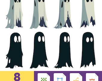 Bundle de cliparts fantômes - 8 illustrations de fantômes mignonnes et effrayantes pour travaux manuels d'Halloween, autocollants, faire-part et sublimation