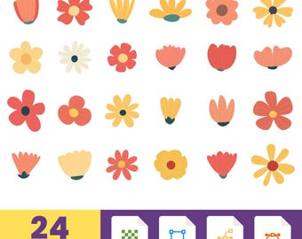 May include: A collection of 24 colorful flower designs in various shapes and colors, including red, yellow, and peach. The image also includes file type icons for PNG, SVG, AI, and EPS formats, with the text "24 DESIGNS 300 DPI".