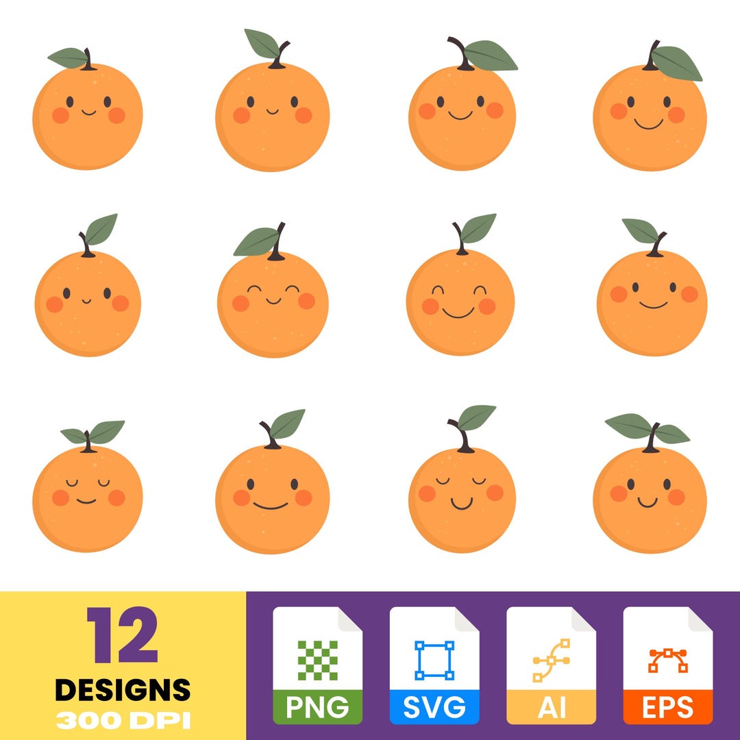 Kawaii Orange Fruit Clipart | Cute Citrus Stickers | Hand-drawn Orange ...