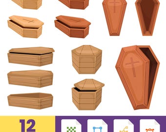 May include: A collection of 12 coffin designs in various styles and colors. The coffins are made of wood and feature a cross design. The image includes PNG, SVG, AI, and EPS file formats.
