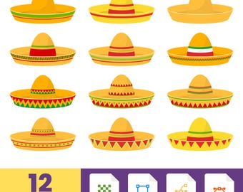 May include: A set of twelve sombrero designs in a variety of styles. Each hat has a wide brim and a conical crown, with decorative bands and patterns in red, green, and yellow. The image includes file type icons and the text "12 DESIGNS 300 DPI".