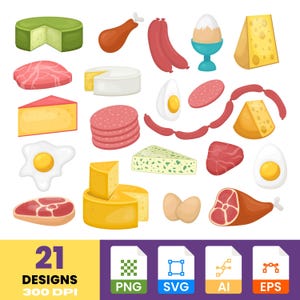 May include: A collection of 21 food designs, including cheese, meat, eggs, and sausage. The image features various cuts of meat, different types of cheese, and cooked eggs. The bottom of the image displays file type icons: PNG, SVG, AI, and EPS.