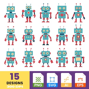 Cute Robot Clipart | Hand-Drawn Robot Stickers | Digital Robot Art | PNG & SVG Files