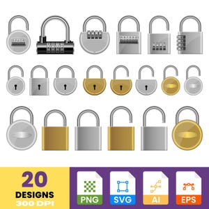 May include: A collection of 20 padlock designs in various styles, including combination and key locks, in silver, gold, and black. The image includes file type icons for PNG, SVG, AI, and EPS formats. Text reads "20 DESIGNS 300 DPI".