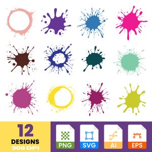 Paint Splatter Clipart Set – 12 Colorful Ink & Paint Blot Designs for Crafts, Stickers, Sublimation and Backgrounds