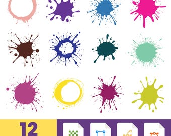 Färgstänk Clipart Set – 12 färgglada bläck- och färgfläckdesigner för hantverk, klistermärken, sublimering och bakgrunder