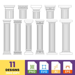 Ancient Column Temple Lineart Clipart Digital Architecture Design Elements Set