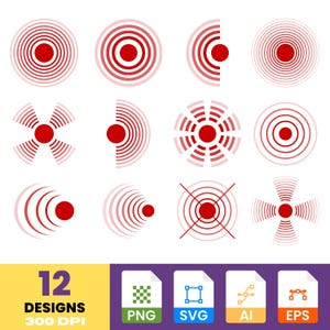 May include: A collection of 12 red and white target designs in various styles. The designs include concentric circles, radial lines, and crosshair patterns. The image also includes file type icons for PNG, SVG, AI, and EPS formats, along with the text "12 DESIGNS 300 DPI".