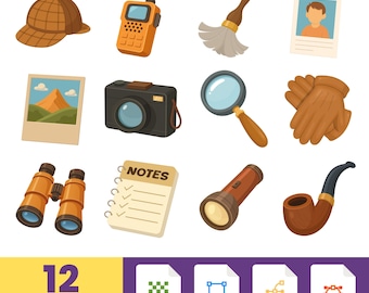 Conjunto de iconos vectoriales de herramientas de detective, imágenes prediseñadas, elementos de detective, diseño gráfico, ilustración