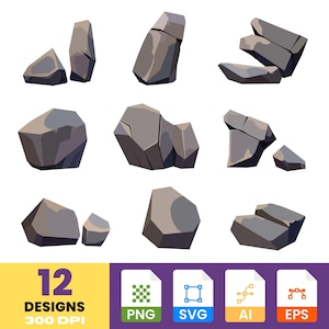 May include: A collection of 12 gray rock designs in various shapes and sizes, perfect for digital art or graphic design projects. The image includes file type icons for PNG, SVG, AI, and EPS formats, with a resolution of 300 DPI.