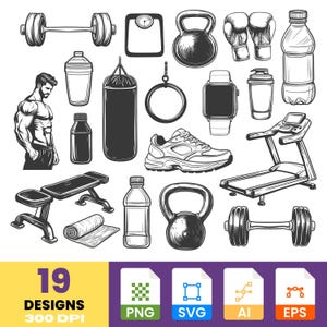 Gym Elements Sticker Clipart | Fitness Icons Set | Hand-Drawn Workout Clipart | Digital PNG & SVG