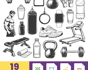 Gym Elements Aufkleber Clipart | Fitness-Icons Set | Handgezeichnete Workout Clipart | Digitales PNG und SVG